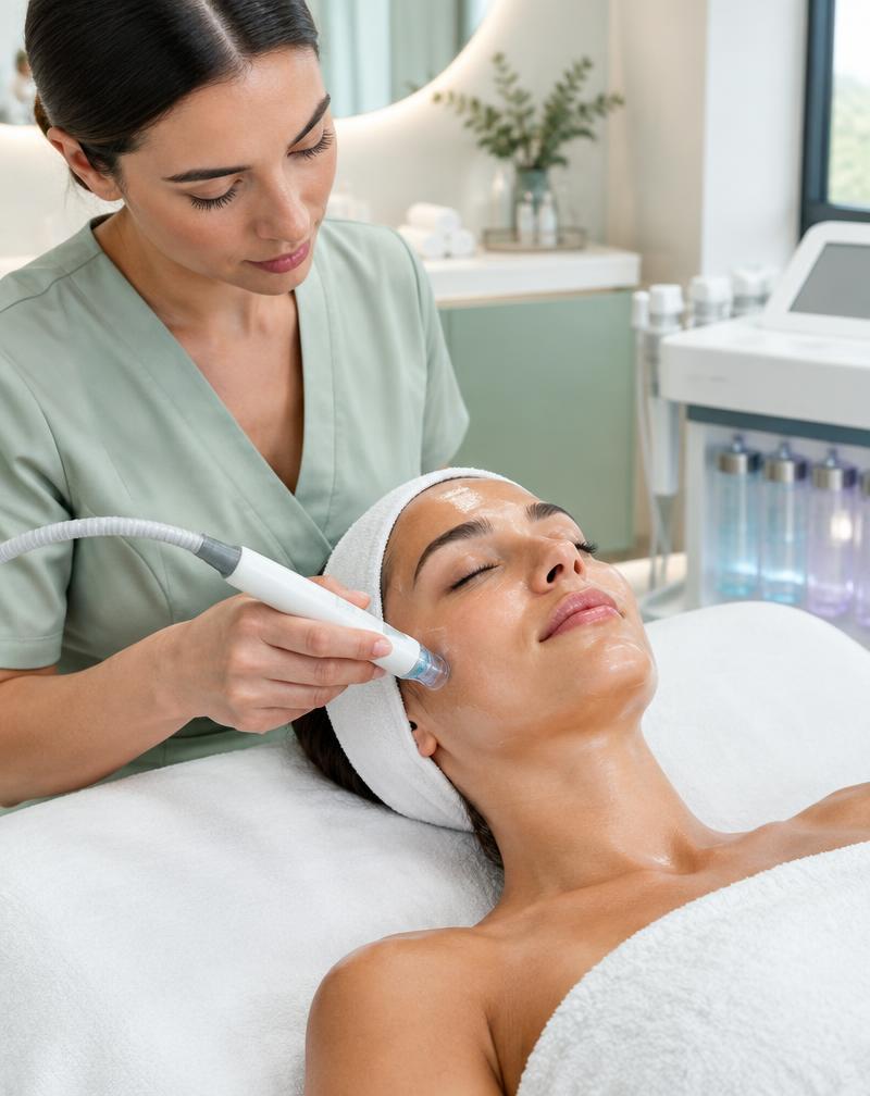 A practitioner performing a hydrating wand facial on a client in a modern clinic