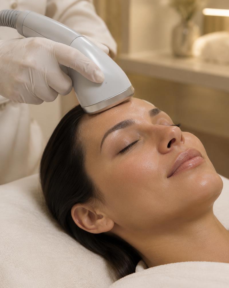 A practitioner gliding a flat radiofrequency applicator across a client's forehead