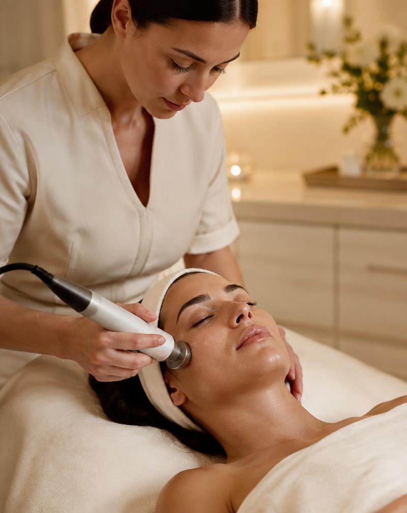 An esthetician gliding a radiofrequency handpiece over a client's cheek at the Joanna Vargas spa